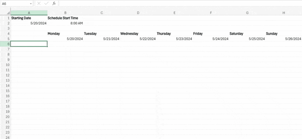 Adding 30-minute increments to the rows of your Excel spreadsheet.