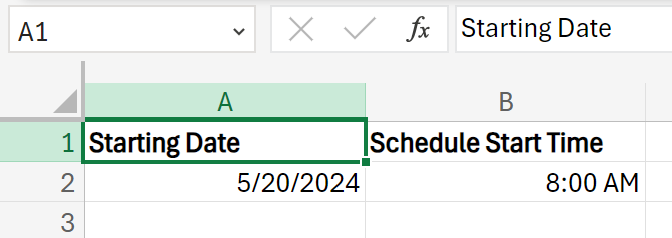 Starting date and time for a work schedule in Excel.