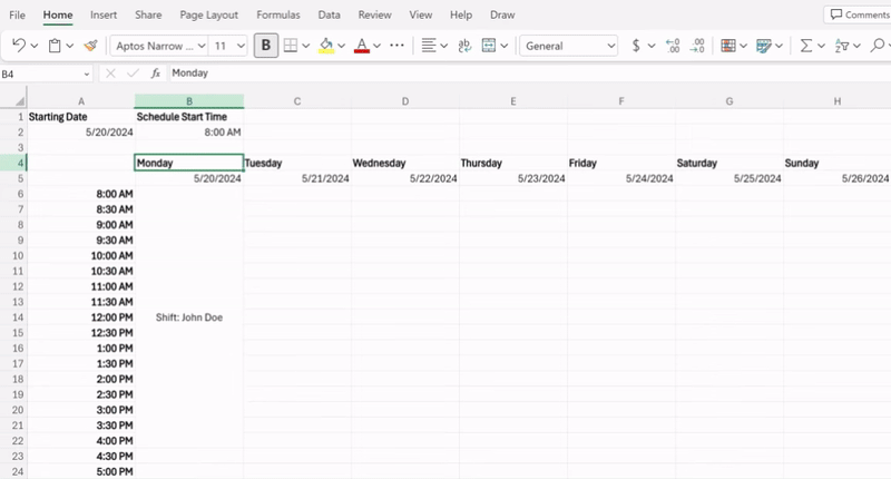  A gif of the process of adding a colored frame to a work schedule in Excel