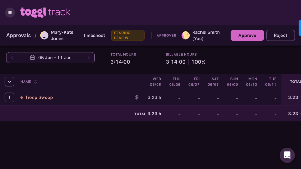 A view of Toggl Track's pending time sheet approvals 