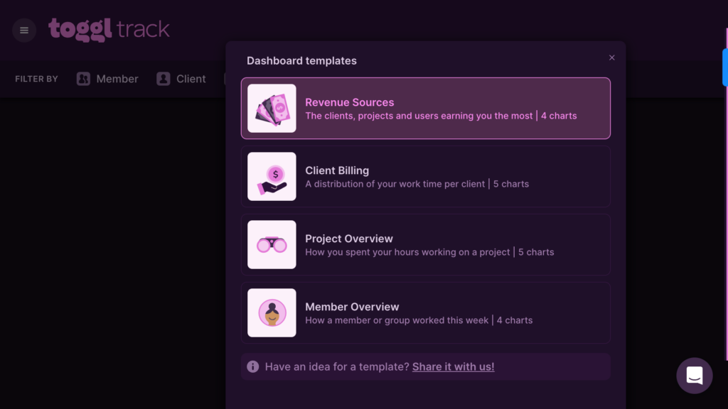 A view of Toggl Track dashboard templates