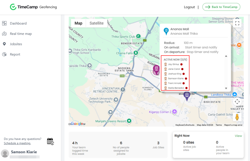 Screenshot showing employees assigned to a geofence 