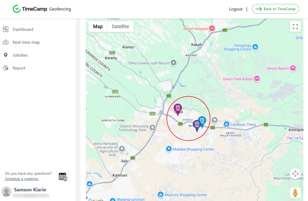 Screenshot showing geofenced locations on a map.