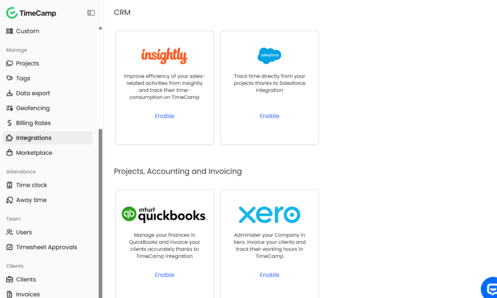 Screenshot showing TimeCamp&rsquo;s integration page. 