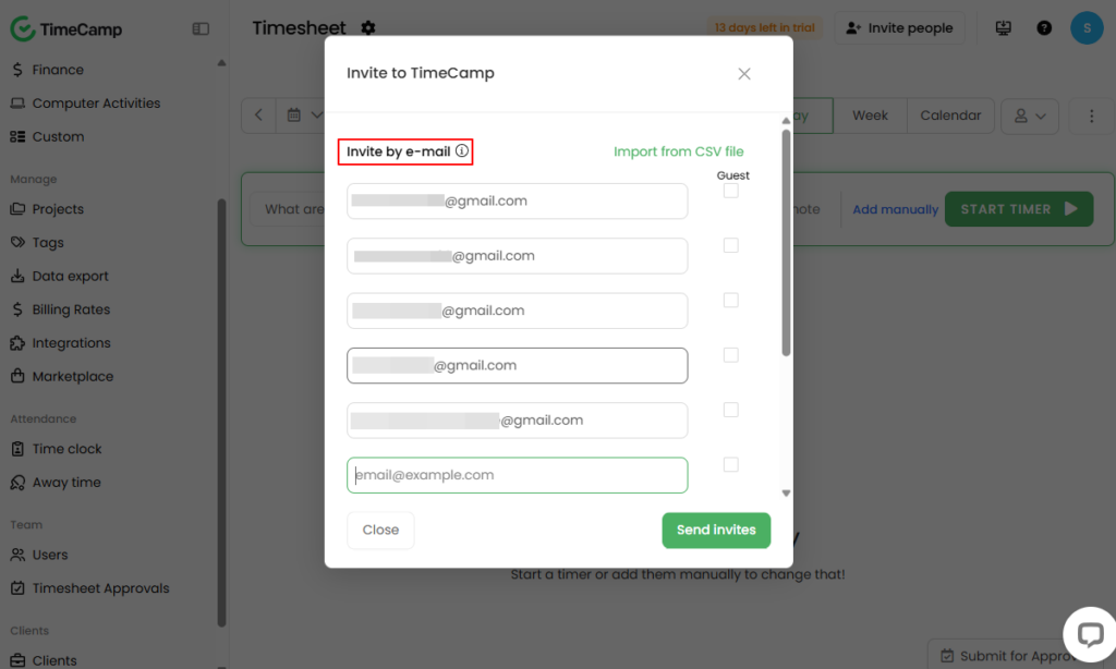 Screenshot showing employees' invite page.