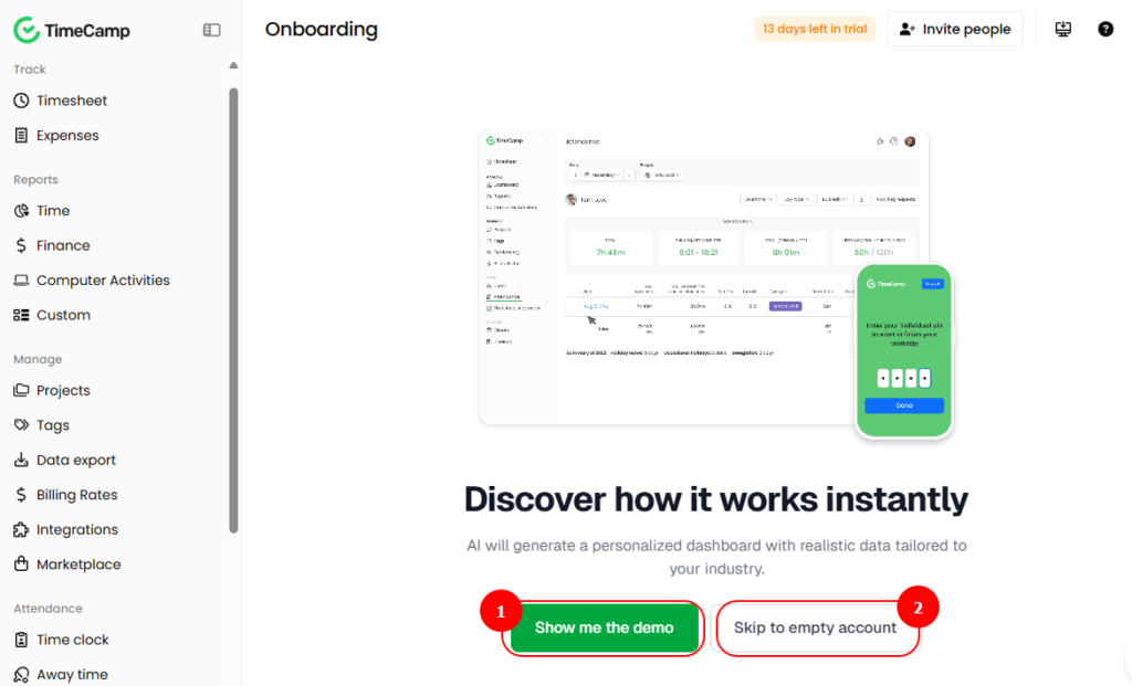 Screenshot showing TimeCamp&rsquo;s onboarding page. 