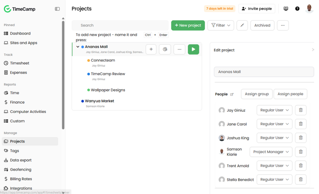 Screenshot showing TimeCamp&rsquo;s project management page. 