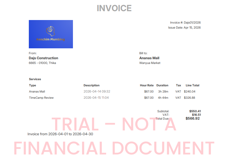 Screenshot showing a sample TimeCamp invoice. 