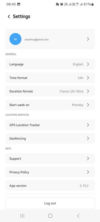Screenshot showing TimeCamp&rsquo;s mobile app settings page. 