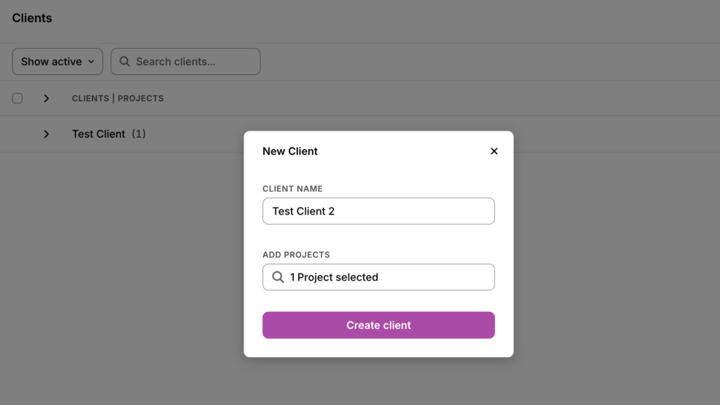 Screenshot of Toggl Track&rsquo;s New Client tool, which lets you create a new client by adding the client&rsquo;s name and selecting the associated projects.