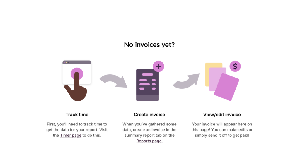 Screenshot of Toggl Track&rsquo;s Invoice tab asking you to track time first, and then head to the Reports page to create an invoice, which is confusing. 