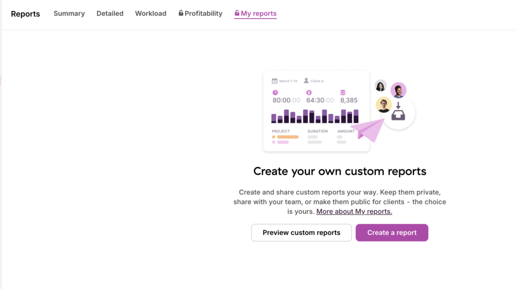 Screenshot of Toggl Track&rsquo;s create your own custom reports feature. You can create a report, adjust privacy settings, and export it to share with team members or clients. The top bar lets you switch between reporting types, including summary, detailed, workload, and profitability reports. 