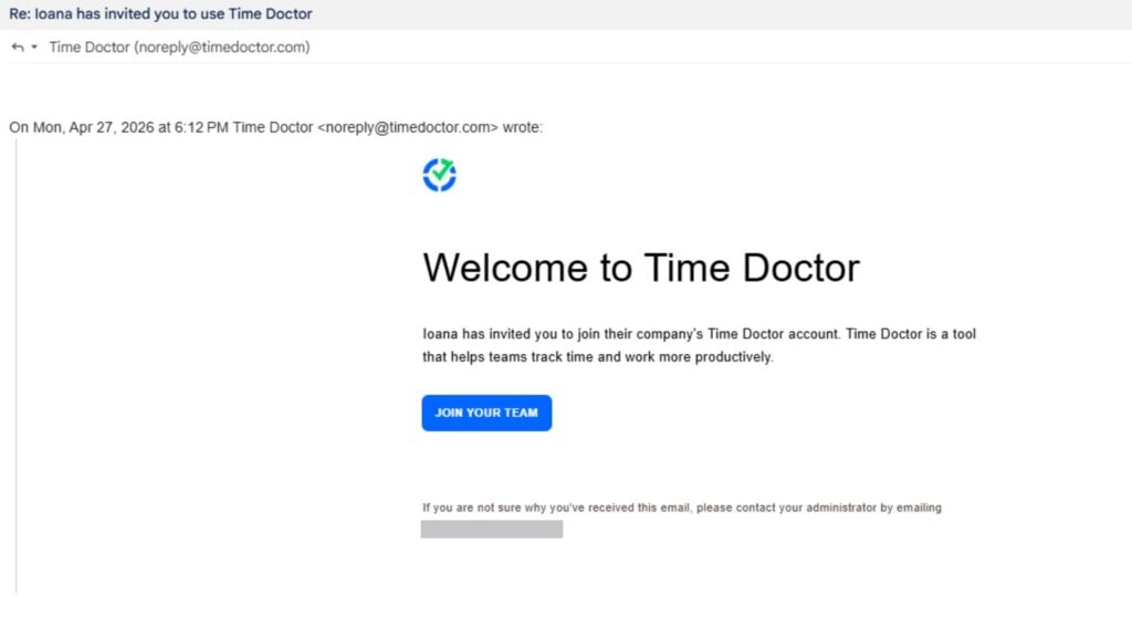 Screenshot of the Time Doctor desktop app, showing time tracking options for a project called “General Work.” The employee can track time under different tasks, including “email,” “meeting,” and “other work.”