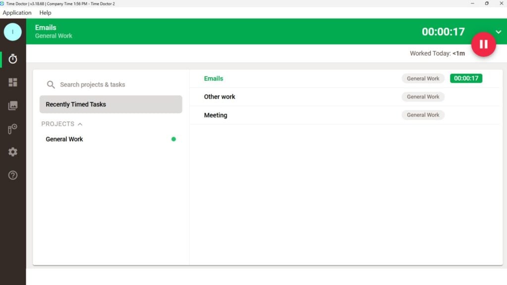 Screenshot of Time Doctor’s desktop app showing a running timer. You can see what project and task the timer relates to as well.