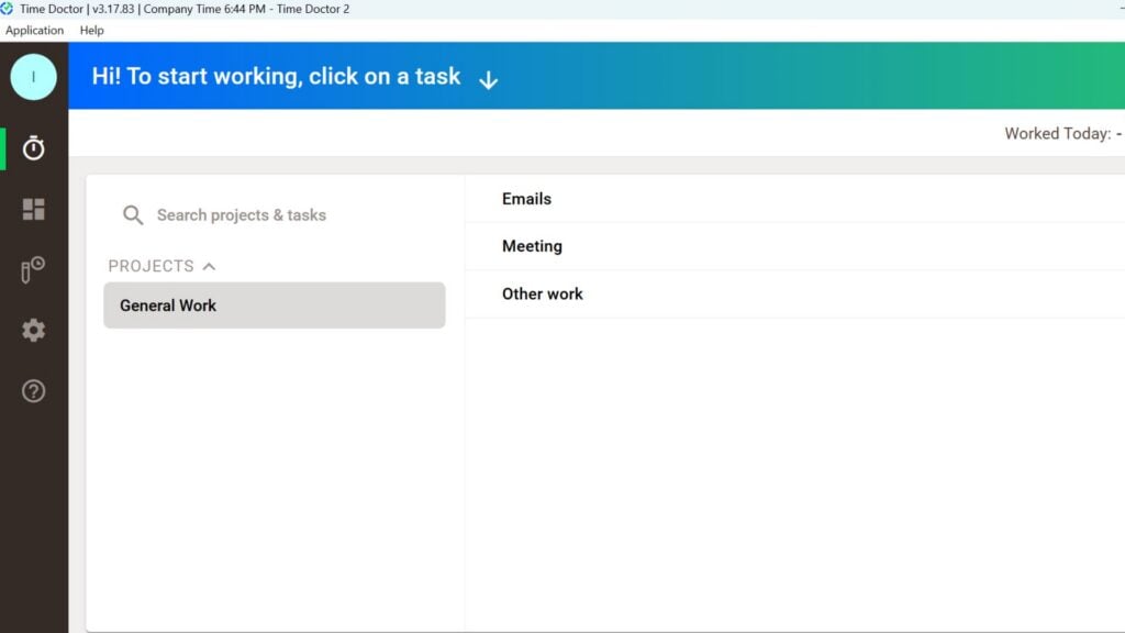 Screenshot of the Time Doctor desktop app, showing time tracking options for a project called “General Work.” The employee can track time under different tasks, including “email,” “meeting,” and “other work.”