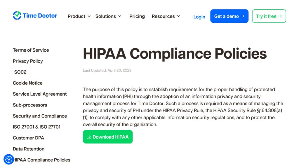 Screenshot of Time Doctor's website security section, featuring a HIPAA compliance page.