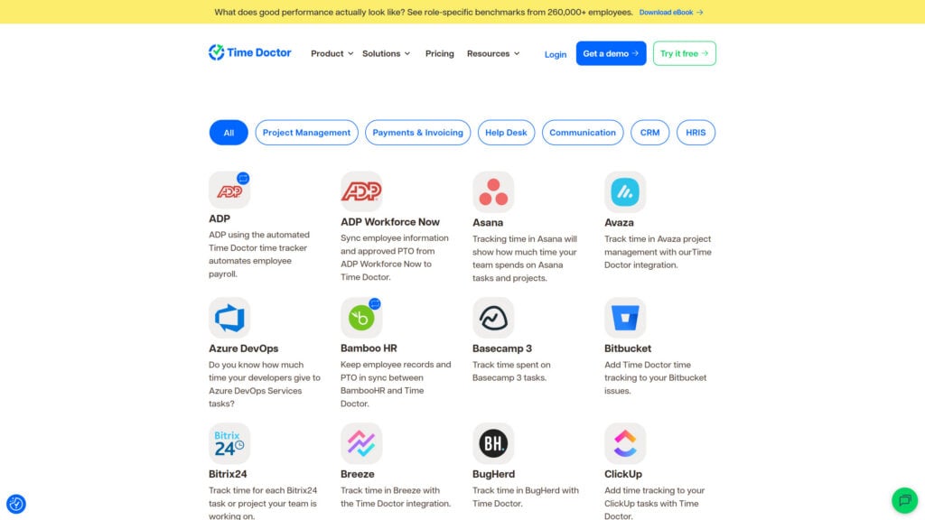 Screenshot from the Time Doctor website showing third-party integrations such as ADP, Bamboo HR, and Asana.