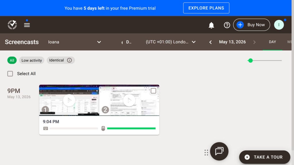 Screenshot of Time Doctor's screencast library, containing 2 screen recordings.