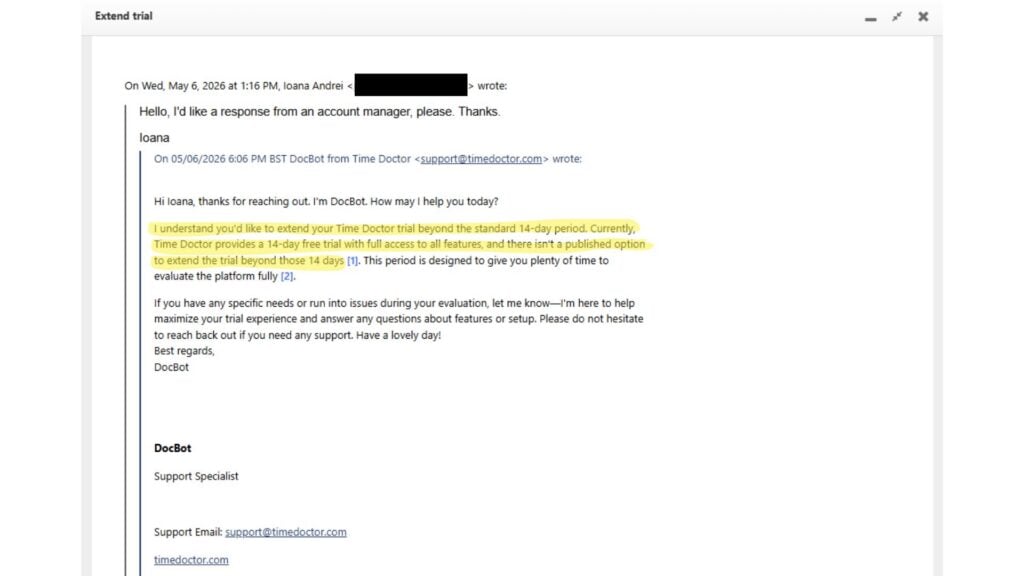 Screenshot of Time Doctor's AI email response to the author's support request.