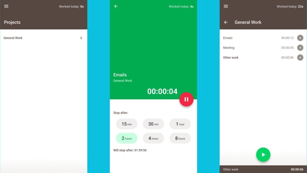 Screenshots of Time Doctor mobile interfaces. The left side image shows projects. The center image shows a running timer with options to auto-stop after 15 or 30 minutes, and 1, 2, 4, or 8 hours. The right side shows how much time has been tracked against different tasks.
