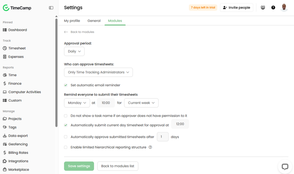Screenshot showing TimeCamp&rsquo;s timesheet approval settings page. 