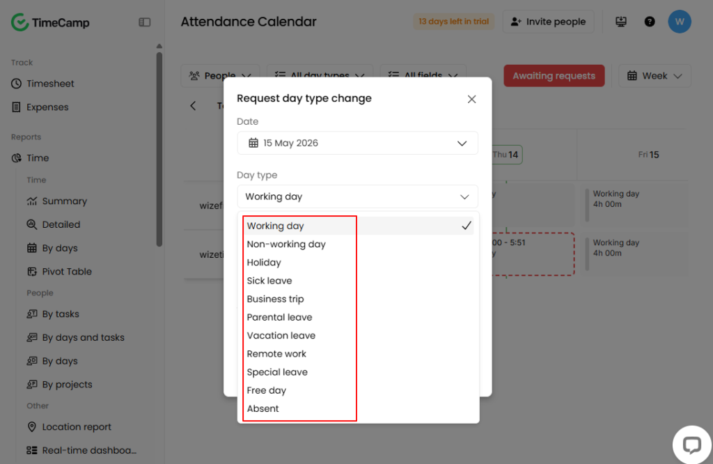 Screenshot showing TimeCamp&rsquo;s preconfigured time off types. 