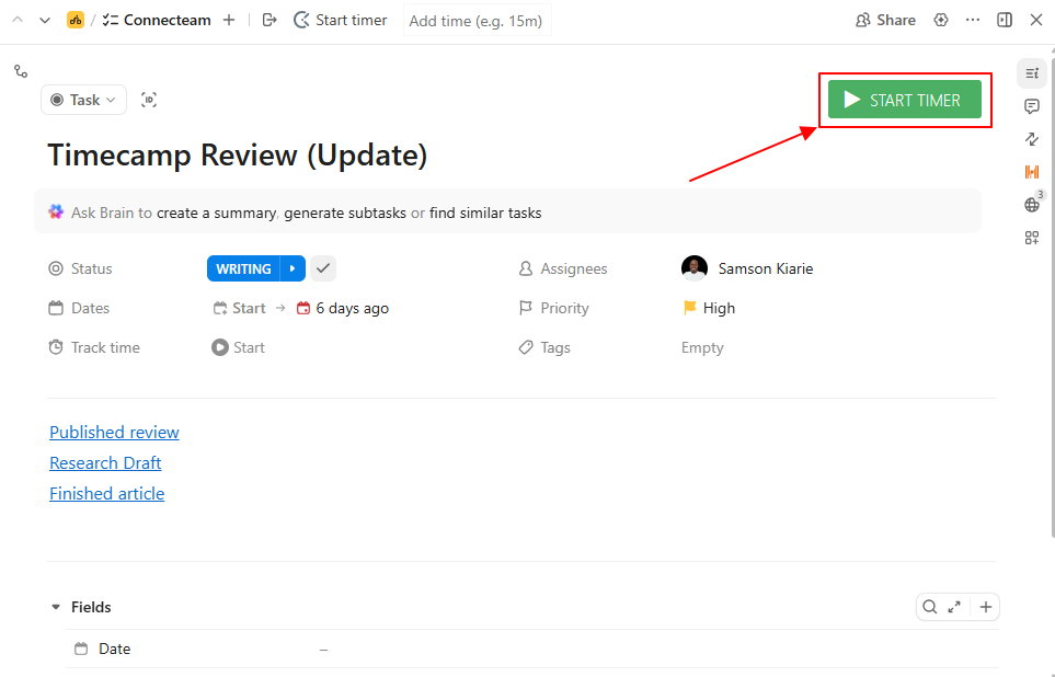 Screenshot showing TimeCamp&rsquo;s timer button inside a ClickUp task card. 