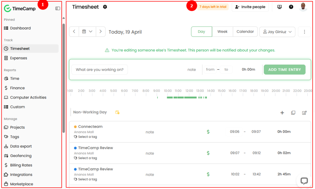 Screenshot showing TimeCamp&rsquo;s home page.