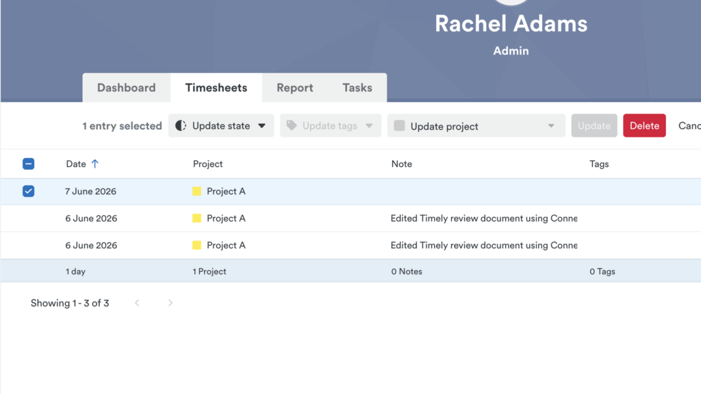 Screenshot of Timely’s timesheets feature. I can update the status (such as locked or unlocked) and project, or delete the entry altogether. But I can’t intuitively edit the entry from here. I have to click into each entry to edit it individually.
