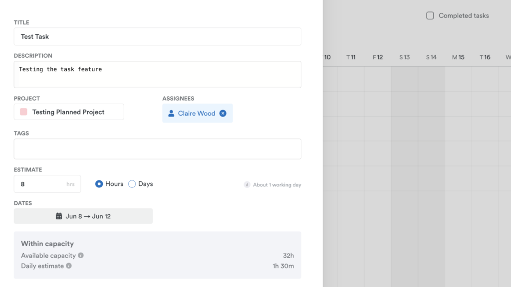 Screenshot of Timely’s “New Task” tool. There are fields to give the new task a title and description, assign it to a project and people, add tags, estimated hours/days, and start and end dates, and even see if the assigned employee(s) have capacity to take on the work.
