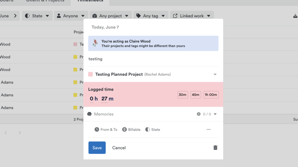 Screenshot of a time entry on Timely’s timesheets. I can edit the total logged time, but can’t edit the start and end times.