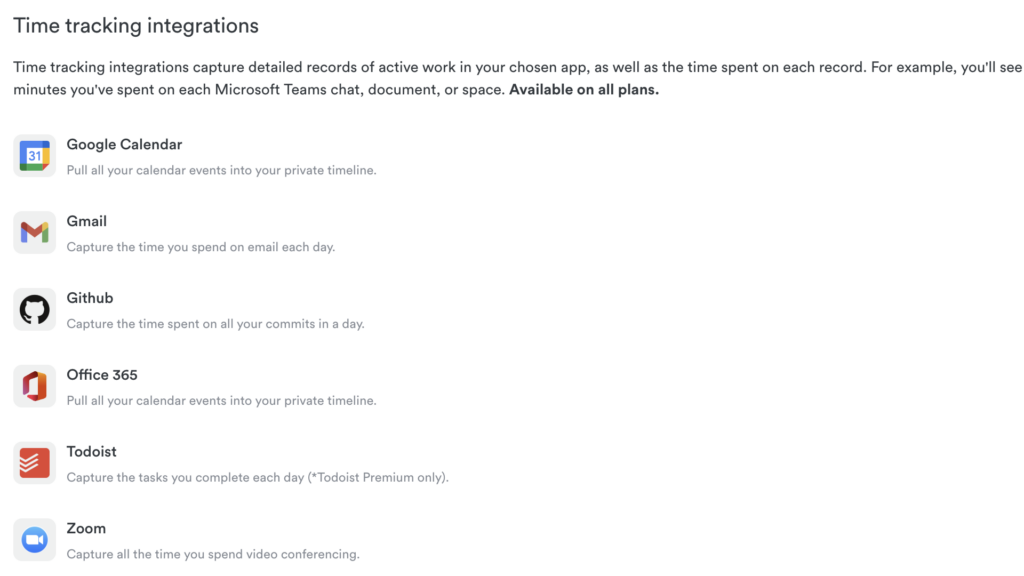 Some of Timely’s time tracking integrations include Google Calendar, Gmail, GitHub, Office 365, Todoist, and Zoom.