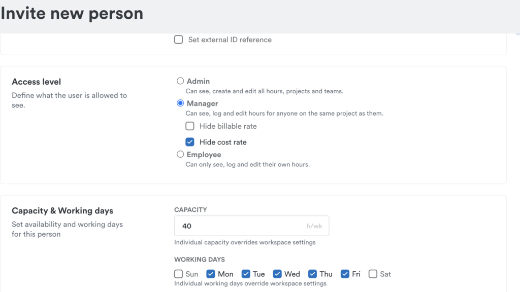 Timely’s “Invite new person” feature showing fields for setting access levels for Admins, Managers, and Employees. The Manager role, for instance, allows you to hide billable or cost rates for projects.