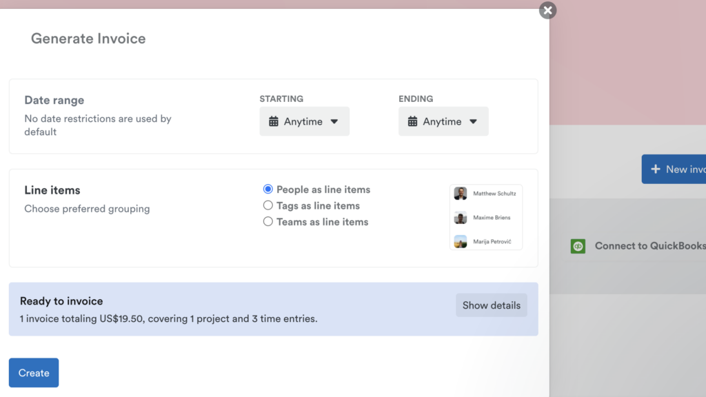 Screenshot of Timely’s “Generate Invoice” tool with fields for date range and line items, such as “People,” “Tags,” or “Teams.” There’s no option to add “Tasks” as a line item in invoices.