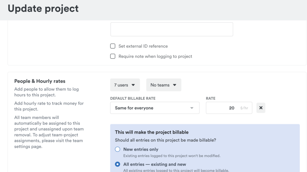 Screenshot of Timely’s “Projects” feature showing options to assign team members to projects and set a default billable rate for the project. You can choose for this rate to take effect for new entries only or apply retrospectively to all existing time entries as well.