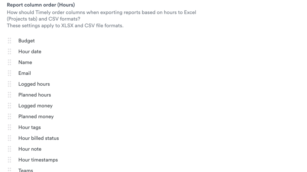 Timely’s Workspace settings with the option to edit the order of columns when you export Hours reports. Examples of columns include Budget, Hour date, Name, Logged hours, and more.