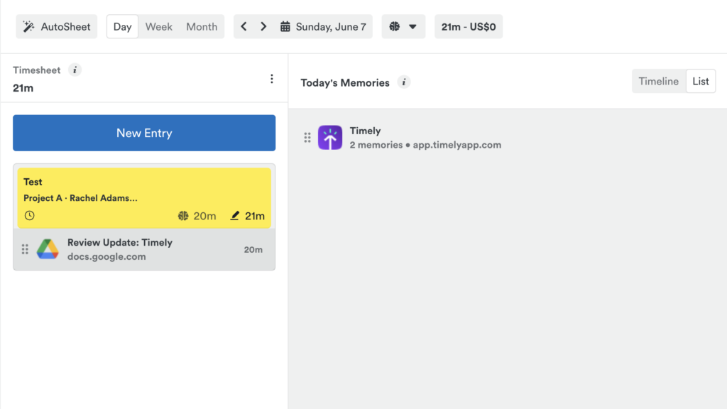 Screenshot of Timely’s “Hours” feature, which shows 1 logged activity under “Today’s Memories” on the right side. The “Timesheet” column on the left shows an activity that’s already been dragged and dropped from “Today’s Memories” to the “Timesheet.”