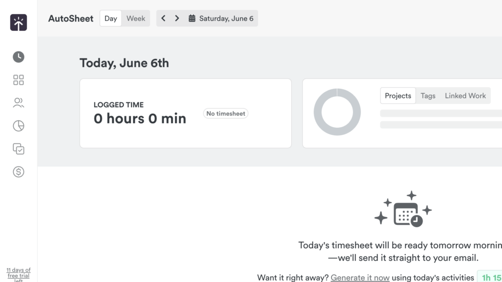 Timely’s web interface has a bland white and grey color theme. Key features are displayed neatly as icons in the left sidebar, but don’t come with any labels.