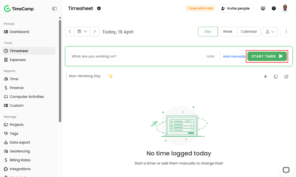 screenshot showing TimeCamp&rsquo;s timer button.  
