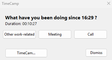 Screenshot showing the away time notification pop-up