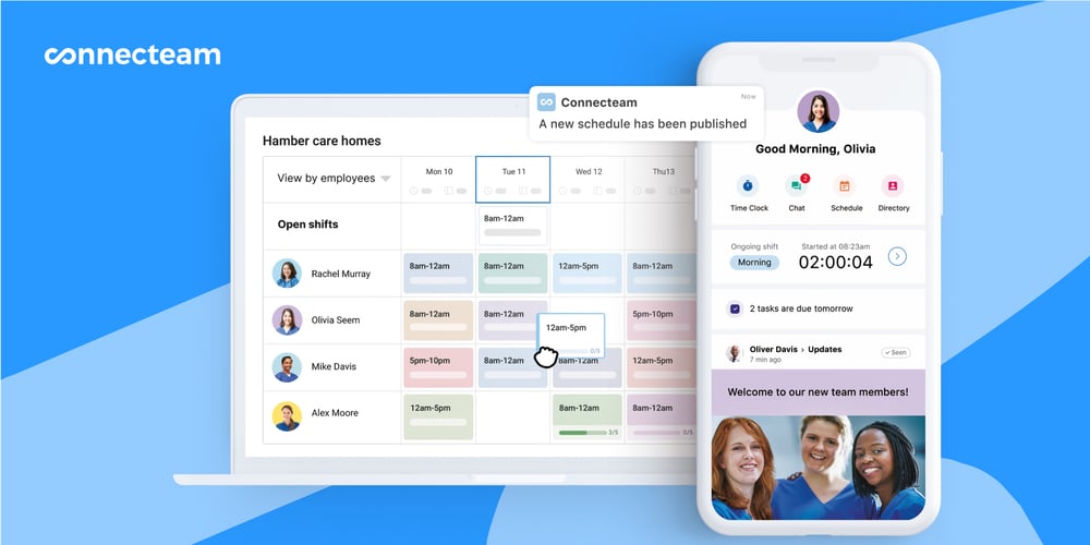 llustration of a Connecteam drag-and-drop schedule on desktop and mobile apps.