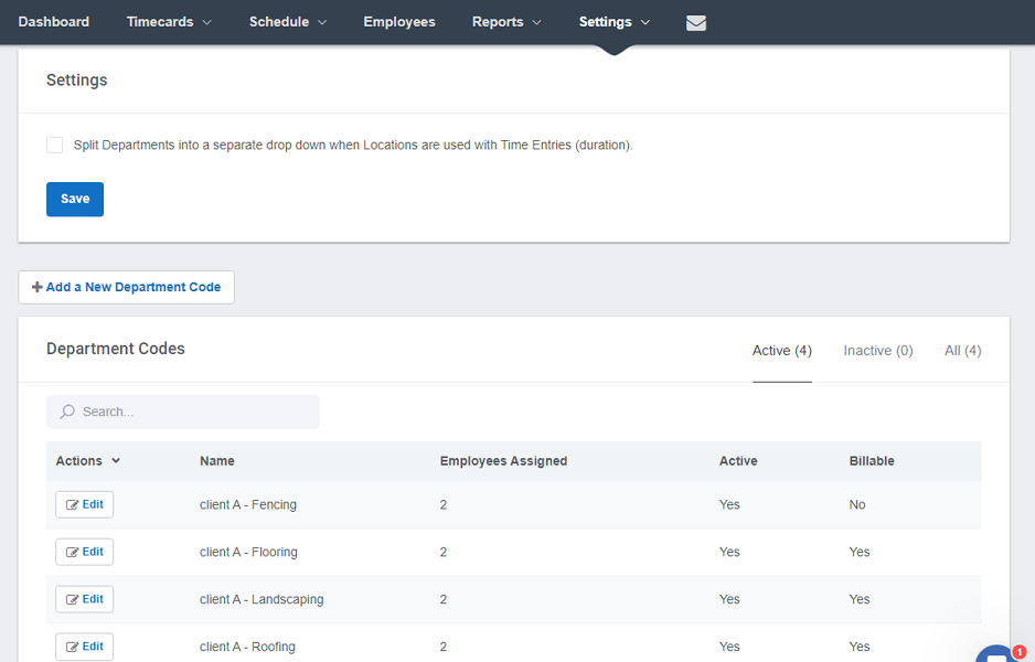 Screenshot showing departmental codes assigned to a location.