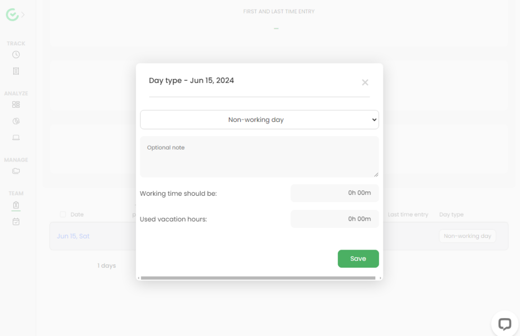 A day type configuration modal in a scheduling tool, showing options for non-working days, working hours, and break time settings.