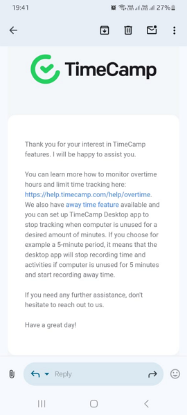 A screenshot of a response received from TimeCamp support