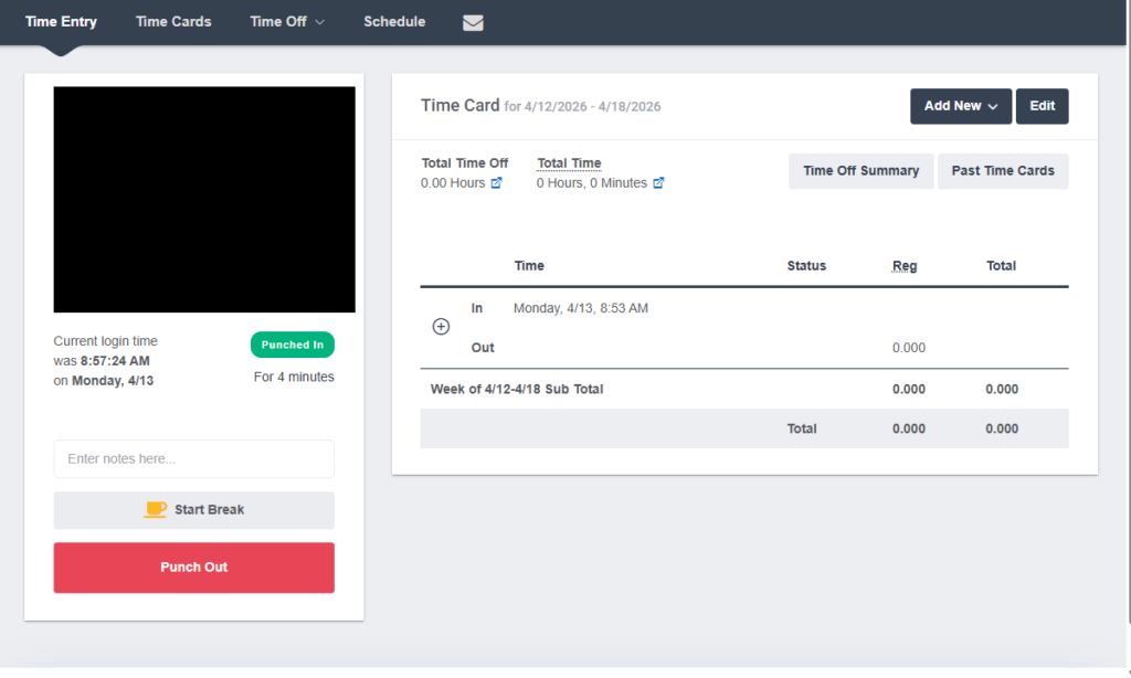 Screenshot showing the employee’s view of the time entry page.