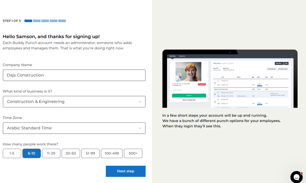 Screenshot showing Buddy Punch onboarding page.