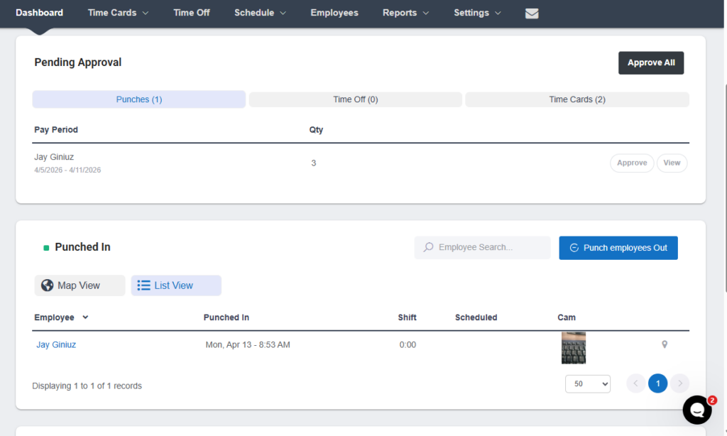 Screenshot showing Buddy Punch dashboard.