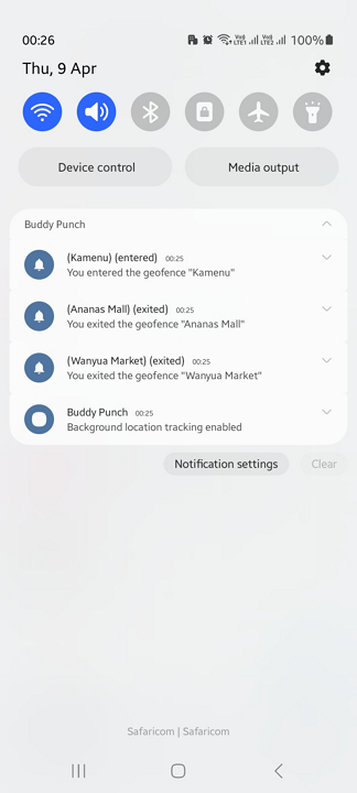 Screenshot of the Buddy Punch Android app showing multiple geofence enter and exit alerts after the user turned their internet connection back on.