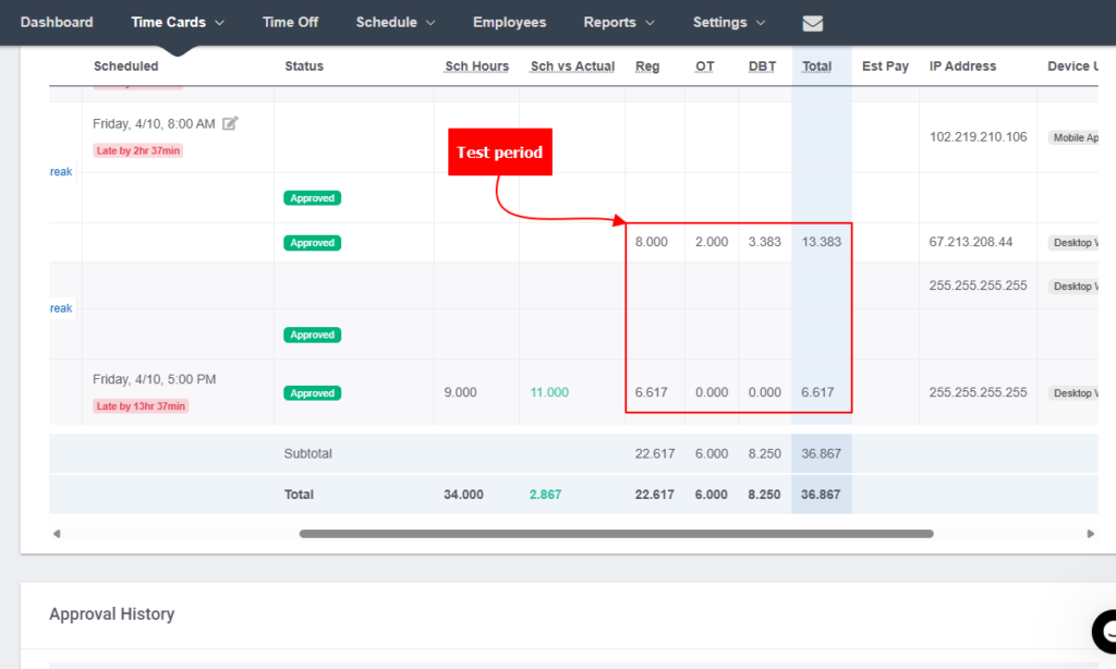 Screenshot showing timecards with overtime and double time.