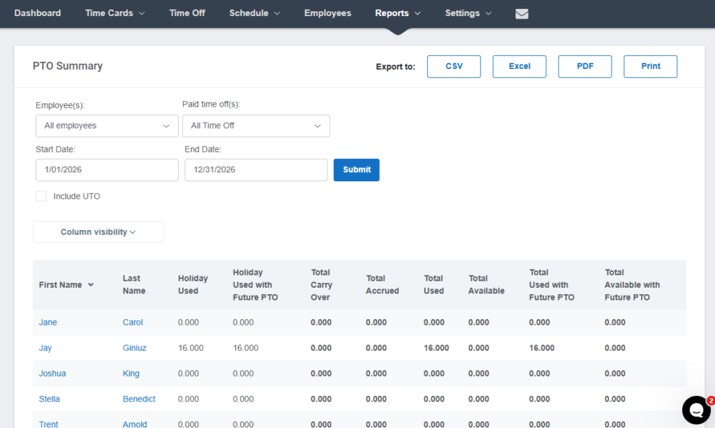 Screenshot showing Buddy Punch’s PTO summary.